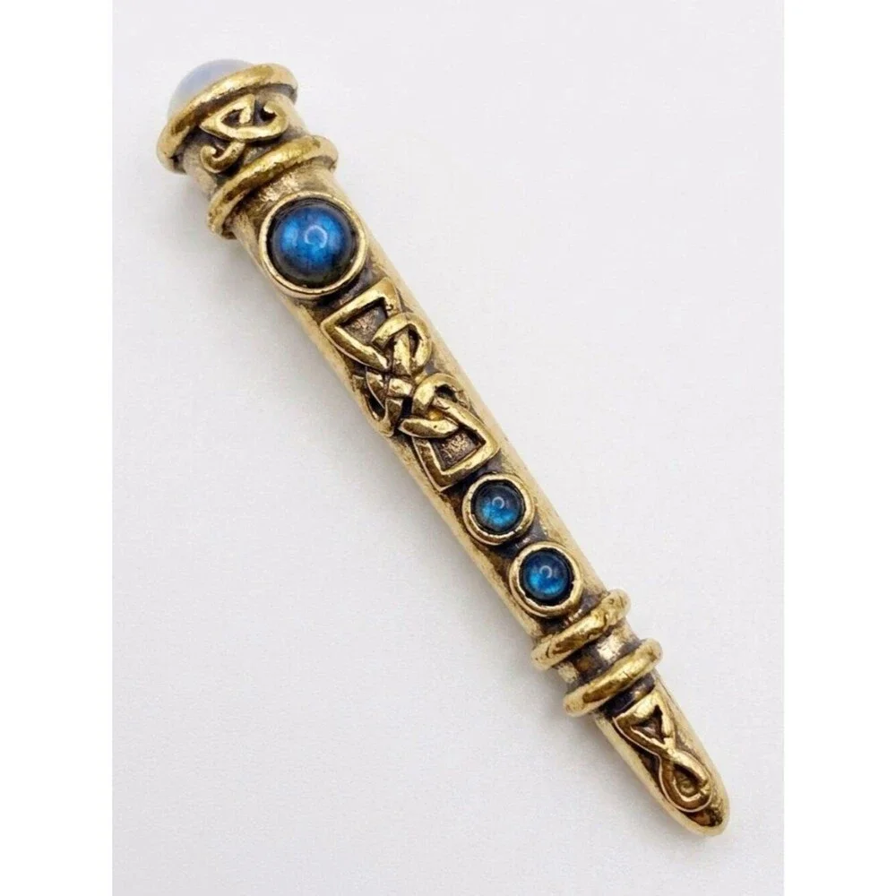 Miracle Celtic Scepter Kilt Pin Brooch Faux Opal Blue Glass Vintage Signed